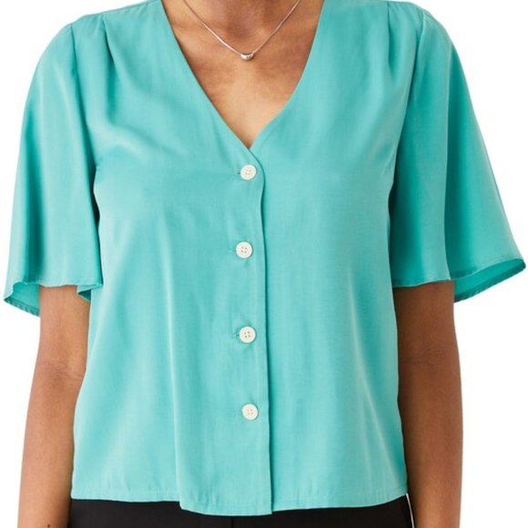 Frank and Oak Flutter Sleeve Blouse Lagoon Blue - Picture 1 of 6